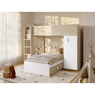 Eck-Hochbett modulierbar - 2 x 90 x 190 cm - mit Stauraum - Holzfarben & Weiß - RICARDO