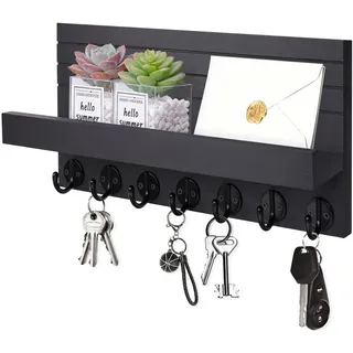 Kldgris Schlüsselbrett Holz mit Ablage Moderne Schlüsselhalter/Schlüsselboard und 7 Schlüsselhaken Schlüsselaufbewahrung für Eingang, Flur, Schlafzimmer, Wohnzimmer (Schwarz)