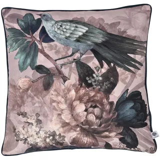 Appletree - Blaugrünes Kissen mit Blumenmuster und Vögeln (43 x 43 cm) – Füllung inklusive – paspelierter Rand – weiches Samtkissen in Marineblau – natürliches Kissen mit Blume – marineblaues Kissen