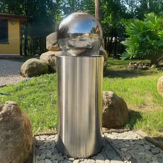 Köhko® Kugelbrunnen Ø25cm mit integrierte LED-Beleuchtung auf zylindrischen Edelstahl Eimer H60cm hochglanzpoliert Gartenbrunnen aus Edelstahl - Silber