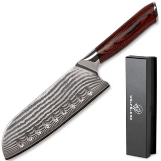Wolfblood Damastmesser Santoku Messer XL (30cm) TÜV geprüfter 62 HRC Damaststahl aus 67 Lagen I Damast-Küchenmesser Santokumesser mit Kirschholzgriff Geschenkbox und Klingenschutz