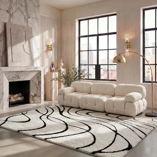 SAFAVIEH Zottelig Teppich für Wohnzimmer, Esszimmer, Schlafzimmer - Florida Shag Collection, Hoher Flor, Creme und Schwarz , 244 X 305 cm