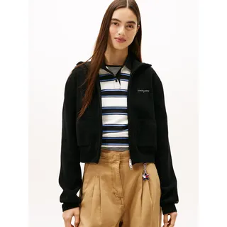 Strickjacke TOMMY JEANS "TJW COZY SCRIPT CARDIGAN", Damen, Gr. XS (34), schwarz, Strick, Obermaterial: 90% Polyester, 9% Polyamid, 1% Elasthan, unifarben, regular fit, Bündchen, Strickjacken Strickjacke