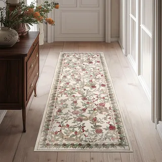 TOPICK Blume Flur Waschbar Küche Kurzflor Retro Vintage Rot-Grün Romantisch Teppich 90x150cm Antibakterieller Faltbar rutschfest Teppich für Brücken Schlafzimmer Wohnzimmer Flur Eingangsbereich