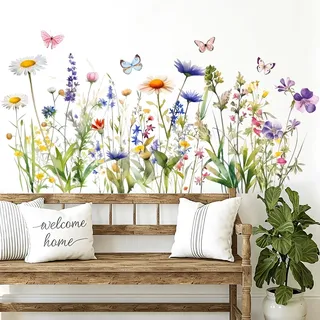 TaoQ C Wandtattoo Wildblumen Garten Wandtattoo Wildblumen mit Schmetterlingen Wandaufkleber Blumen Blumenwiese mit Gänseblümchen Lavendel Gras für Schlafzimmer Wohnzimmer Dekoration ﻿