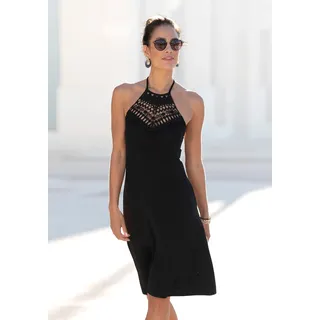 Neckholderkleid LASCANA "mit Spitzeneinsatz aus Häkelspitze vorn", Damen, Gr. 46, N-Gr, schwarz, Jersey, Obermaterial: 95% Viskose, 5% Elasthan. Spitze: 100% Baumwolle, unifarben, figurumspielend kniefrei, Neckholder, Kleider Neckholderkleid, Boho-Kleid, kurzes Sommerkleid, Strandkleid, Viskosekleid, Festival, Topseller