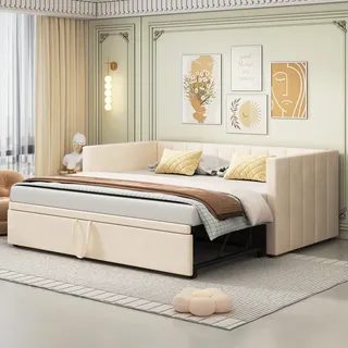 Flieks Schlafsofa 90x200cm/180x200cm Tagesbett Daybett, Kinderbett mit Lattenrost und Armlehnen, Gästebett Jugendbett, Samt, Beige - Beige