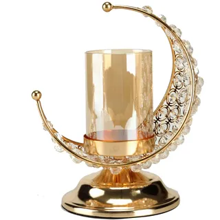 BinaryABC Eid Mubarak Dekorationen, Ramadan Kareem Mondförmiger Kerzenhalter, Ramadan-Kerzenständer, Tafelaufsatz, muslimisches Geschenk (goldfarben)