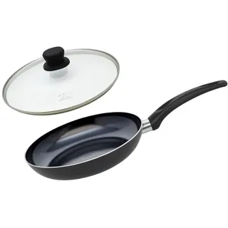 ELO 9806750 Set Aluminiumpfanne und Glaskochdeckel, Pfanne für alle Herdarten außer Induktion, Bratpfanne, PFAS-frei, Aluminium, Edelstahl, Glas, Kunststoff, 20 x 4,5 cm