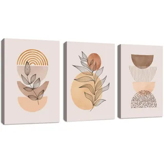3Pcs Boho Geometrisch Leinwandbilder Bilder Set mit Rahmen Aesthetic HellOrange Pflanze Bilder Moderne Wandbilder Schlafzimmer Bild Auf Kunstdruck Deko für Wohnzimmer fertig zum Aufhängen 40x60cmx3