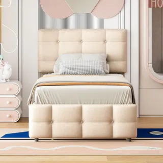 MODFU Polsterbett Ausziehbares Kinderbett, verstellbares Kopfteil (verstellbares Kopfteil, hautfreundliche Leinenpolsterung), ohne Matratze - Beige