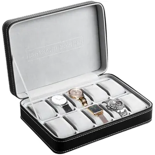 OSVINO Uhrenbox 10 Uhren Herren Schwarz Uhrenkasten Uhrenkissen aus Samt, Reise Schmuckkästchen Uhren Aufbewahrungsbox Mit Reißverschluss aus PU Leder