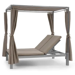 Blumfeldt Doppelliege Outdoor für 2 Personen mit Dach, Doppel-Sonnenliege, Doppel Garten Liege Bett für Erwachsene & Kinder, Gartenbett mit Verstellbarer Rückenlehne, Outdoor-Sonnenbett mit Dach - Grau, Taupe