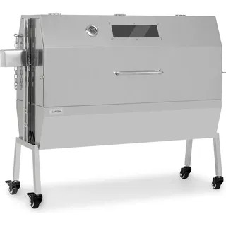 Klarstein 2-in-1 Rotisserie Grill mit Motor, Grill mit Drehspieß, Großer Spießgrill für Spanferkel, Grill mit Sichtfenster, Spieß Grill mit Edelstahl-Rost, Großer Holzkohlegrill mit Bodenrollen - Silber