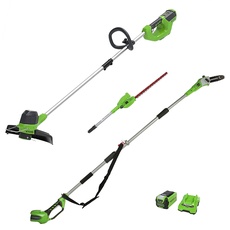 Greenworks Akku-Rasentrimmer G40LT und Akku-Hochentaster & Teleskop Heckenschere 2in1 G40PSH (Li-Ion 40 V 30cm Schnittbreite 7000U/min 240cm Teleskopstange mit 2Ah Akku und Ladegerät)