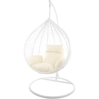 KIDEO Komplettset: großer Hängesessel mit Gestell & Kissen, Korbsessel, Poly-Rattan (Korb & Gestell: weiß, Kissen: Elfenbein Nest (0050_Ivory))