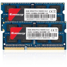 Kuesuny 16 GB Kit (2 x 8 GB) DDR3 1333 MHz Sodimm Ram Laptop PC3-10600 Arbeitsspeicher PC3-10600S 1,5 V CL9 204 Pin 2RX8 Dual-Rank Nicht-ECC Speicher RAM Ideal für Notebook-Laptop-Upgrade