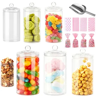 Ksnowqi 6 Stück 800ml Candy Bonbongläser aus Kunststoff, Wiederverwendbar Plastik Candy Bar Gläser Set, Bonbonglas mit Deckel, Candy Jar-Buffet-Set für Partys, Süßigkeitenbuffet, Hochzeit