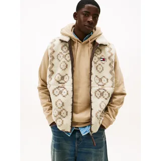 Fleeceweste TOMMY JEANS "TJM TEDDY AOP", Herren, Gr. M, schwarz walnut aop, Web, Obermaterial: 100% Polyester, normal, Westen Fleeceweste, Stehkragen, normale Passform