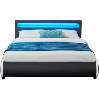 Juskys Polsterbett Sevilla schwarz mit Matratze 140x200cm inkl. Led , Schwarz , Textil , 140x200 cm , Schlafzimmer, Betten, Polsterbetten