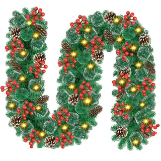 Timiyou Weihnachtsgirlande, 9Ft Tannengirlande mit Tannenzapfen und Rote Beere, Christmas Decorations Innen Aussen,Girlande Weihnachten Geeignet für Haus Treppen Kamin Haustür Terrasse und Gärten