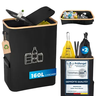 MidingChai 160L Gelber Sack Ständer + Pfandflaschen Sammelbehälter 2-in-1,Für 60L-120L Gelber Sack,Gelber Sack Mülleimer mit Deckel, Müllsystem für Küche & Haushalt - Schwarz