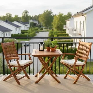 Gardenson Balkonset , Naturfarben , Holz , 3-teilig , Eukalyptusholz , massiv , Tisch klappbar, Stuhl klappbar , Gartenmöbel, Gartengarnituren, Balkonmöbel-Sets