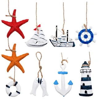 Mritrit 9 Stück Maritime Anhänger Deko Klein für Fischernetz Wand, Dekoanhänger Meer mit Hängend Anker, Miniatur Rettungsring, Mini Boot, Seestern, Fisch, Ruder, Leuchtturm, Steuerrad, Segelboote