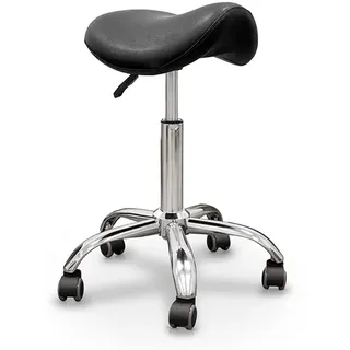 QUIRUMED Pony-Hocker, Chromgestell mit 5 Rädern, Schwarze Farbe, ergonomisch, leicht, höhenverstellbar, hochdichte Polsterung, Kunstleder, bis zu 150 kg