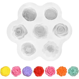 7 Löchern Silikonformen GießFormen Blumen, 12 x 12 x 2,5cm Kerzen Silikonformen Blumen, Silikonform Blume, Kerzen Formen Silikon Rosen Nelke Pfingstrose, für Torten, Kerzchen, Handgemachte Seife