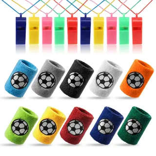 Kesote 10x Schweißband Fußball Handgelenksband (10 Farbe) + 10x Pfeife Plastik Whistle (Farbe Zufällig) für Sport Fußballgeburtstag Party