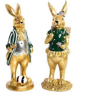 Hasen Paar, 2 Stück: Osterhasen Edel, Deko, Osterdeko Groß, Dekoration Hase Ostern, Oster-Figuren Tisch, Osterdekoration Frühling Gold & Grün, Dekohasen Edel, Frühlingsdeko zum Hinstellen, 30 cm