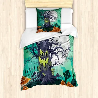 ABAKUHAUS Halloween Mantele, Gruseliger Baum, Milbensicher Allergiker geeignet mit Kissenbezügen, 135 cm x 200 cm - 80 x 80 cm, Mehrfarbig