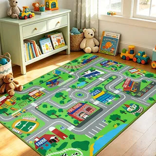 Capslpad Kinder Teppiche Spielteppich für Kinder Stadt 100x160 cm rutschfest Kinderteppich Spielmatte Maschinenwaschbar Kurzer Flor Pädagogischer Spielteppich für Kinderzimmer Spielzimmer Dekor
