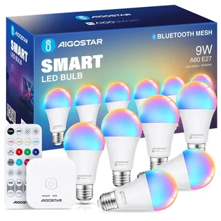 Aigostar Mesh - 9W Alexa Glühbirne Bluetooth Mesh A60, Smarte Glühbirne Funktioniert mit Alexa, Smart Bulb E27 LED 806LM RGB & 2700K-6500K, 6 Stücke (mit Bluetooth-Fernbedienung und Gateway)