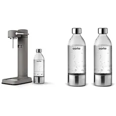 Aarke Carbonator 3, Premium Wassersprudler aus Edelstahl mit Aarke Flasche, Mattgrau Finish & 2er-Pack PET-Flaschen für Wassersprudler Carbonator 3
