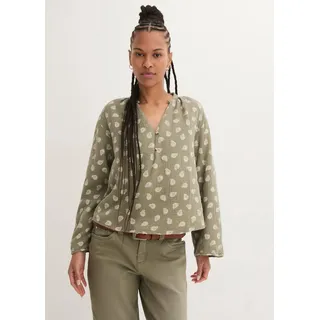 Langarmbluse BONPRIX "Oversize-Bluse aus luftigem Musselin", Damen, Gr. 36, grün (oliv paisley), Web, Obermaterial: 100% Baumwolle, bedruckt, oversize normal, V-Ausschnitt, mit Aufschlag, Blusen Langarmbluse, Oversize-Passform, für den Alltag, aus Musselin, mit V-Ausschnitt