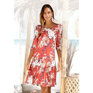 s.Oliver Jerseykleid mit Blumenprint und Volantrock, 3/4-Ärmel, Sommerkleid, Strandkleid, orange