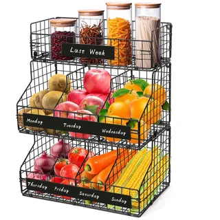RAIN QUEEN 3 Lagiger Metall Obstkorb Hängend Stapelbar Gemüse Küchenregal für Obst Gemüse Eier und Snacks (Schwarz)