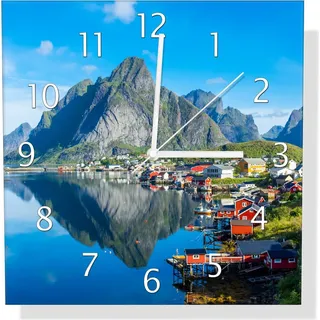Wallario Design Wanduhr Skandinavisches Bergpanorama aus Echtglas, Größe 30 x 30 cm - Blau