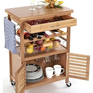 BAKAJI Servierwagen Küchenwagen Mobile Insel Rollwagen aus Bambus mit Flaschenhalter Schublade Besteck Stahl Korb Korb