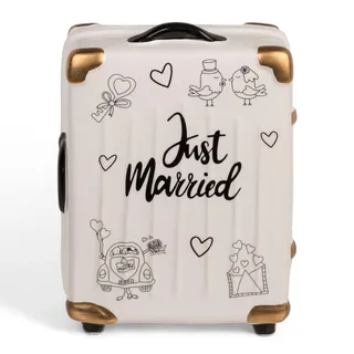 MIJOMA Hochzeitsspardose zur Ehe-Ersparnis: Originelle Spardose mit Schloss, Just Married in Keramik – Perfekt für Ehepaare und Sparfüchse (Hochzeitstrolley)
