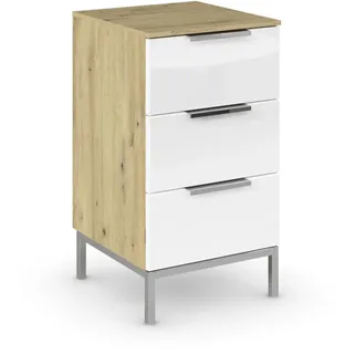 Rauch Möbel Flipp, Nachttisch für Schlafzimmer, Flur, Garderobe, 3 Schubladen, mit Softclose-Funktion, Griffe und Metallkufe Chrom, Farbe Eiche Artisan, Holz/Glas Weiß, Breite 40 cm