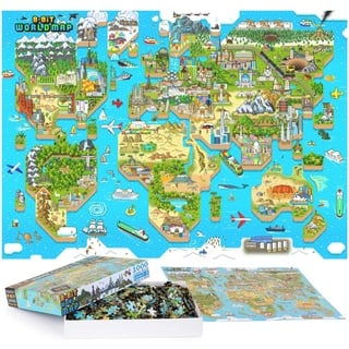 Puzzle Erwachsene/Puzzle 1000 Teile - Retro-Gaming im 8-Bit-Stil Weltkarte Puzzle 1000 Teile für Erwachsene und Kinder mit 100% Recycelte Karton von bopster