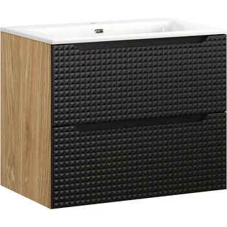Badezimmerschrank 70 cm mit Waschbecken Möbel schwarz matt 3D Eiche - Schwarz