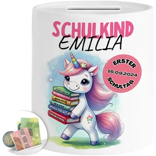 Tassenliebling® Schulkind Spardose personalisiert Mädchen - Geschenk zur Einschulung - Einhorn Spardose Kinder - Schultüte Füllung - Schulanfang Geschenke - Grundschule Vorschule