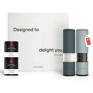LARS NYSØM Gewürzmühlen & Gewürze Geschenkset - Salz und Pfeffermühlen Set mit 2 hochwertigen Gewürzdosen (Salz, Pfeffer) - Durch schöne Geschenkbox eine tolle Geschenk Idee (Blue)