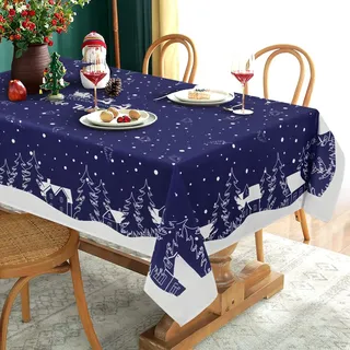 Yrendenge Weihnachtstischdecke Blau Weiß Tischdecke Abwaschbar Outdoor Tischtuch Rechteckig wasserdichte, Cartoon Häuser Baum Elch Tablecloth für Winter Ferien Wohnkultur, 140 x 240 cm