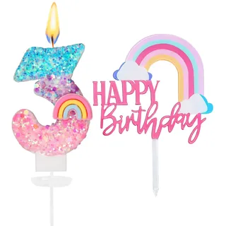 Geburtstagskerzen Zahlen 3,3D Regenbogen Kerzen Geburtstag,Kuchen Deko Geburtstag Mädchen,Tortendeko Regenbogen,Geburtstagskerzen Kinder für Geburtstags Party Dekoration