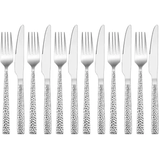 HaWare Steakbesteck Set, 12-teiliges Edelstahl Tafelmesser und Tafelgabel für 6 Personen, Messer und Gabel Besteck Set mit Hammergriff, Steakmessr Set für Haus/Party/Restaurant, Spülmaschinenfest